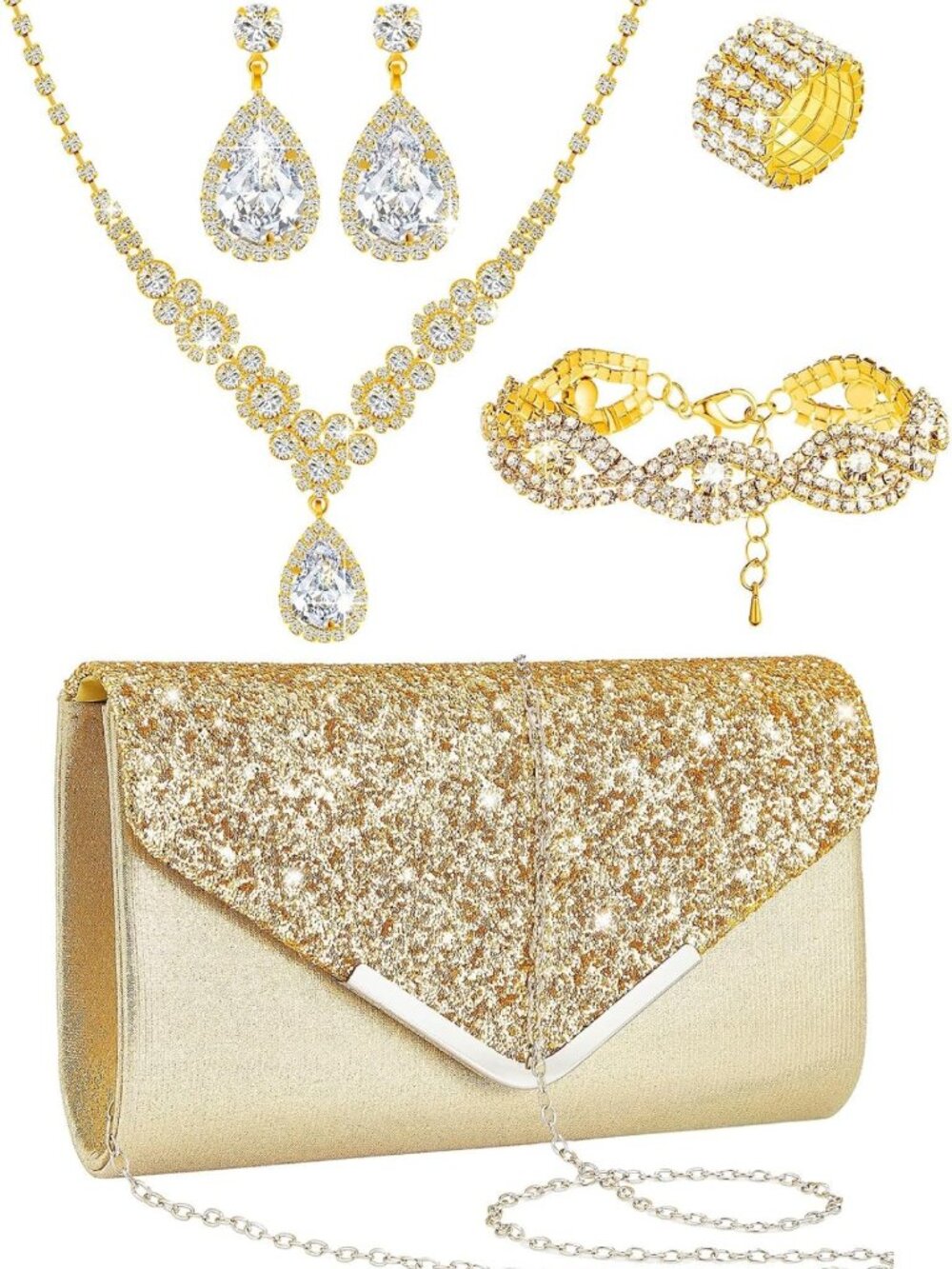 5-Piece Rhinestone Jewelry Set: Clutch Purse, Necklace, Earrings & Bracelets for